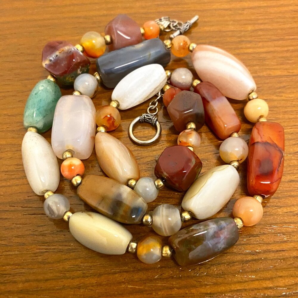Antique Colorful Multi Stone Agate Necklace / Polished, 23 Inches Long